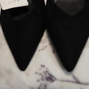 Sling back faux suede black heels